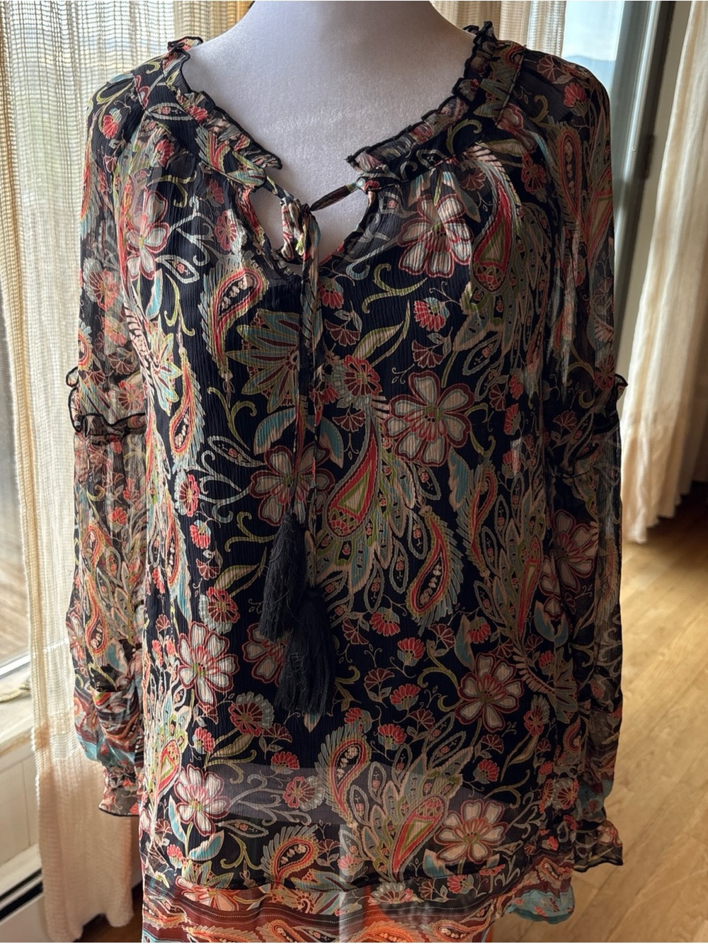 Share Sundance Womens M Silk Paisley Floral Boho Tassel Blouse Sheer Ruffle Top